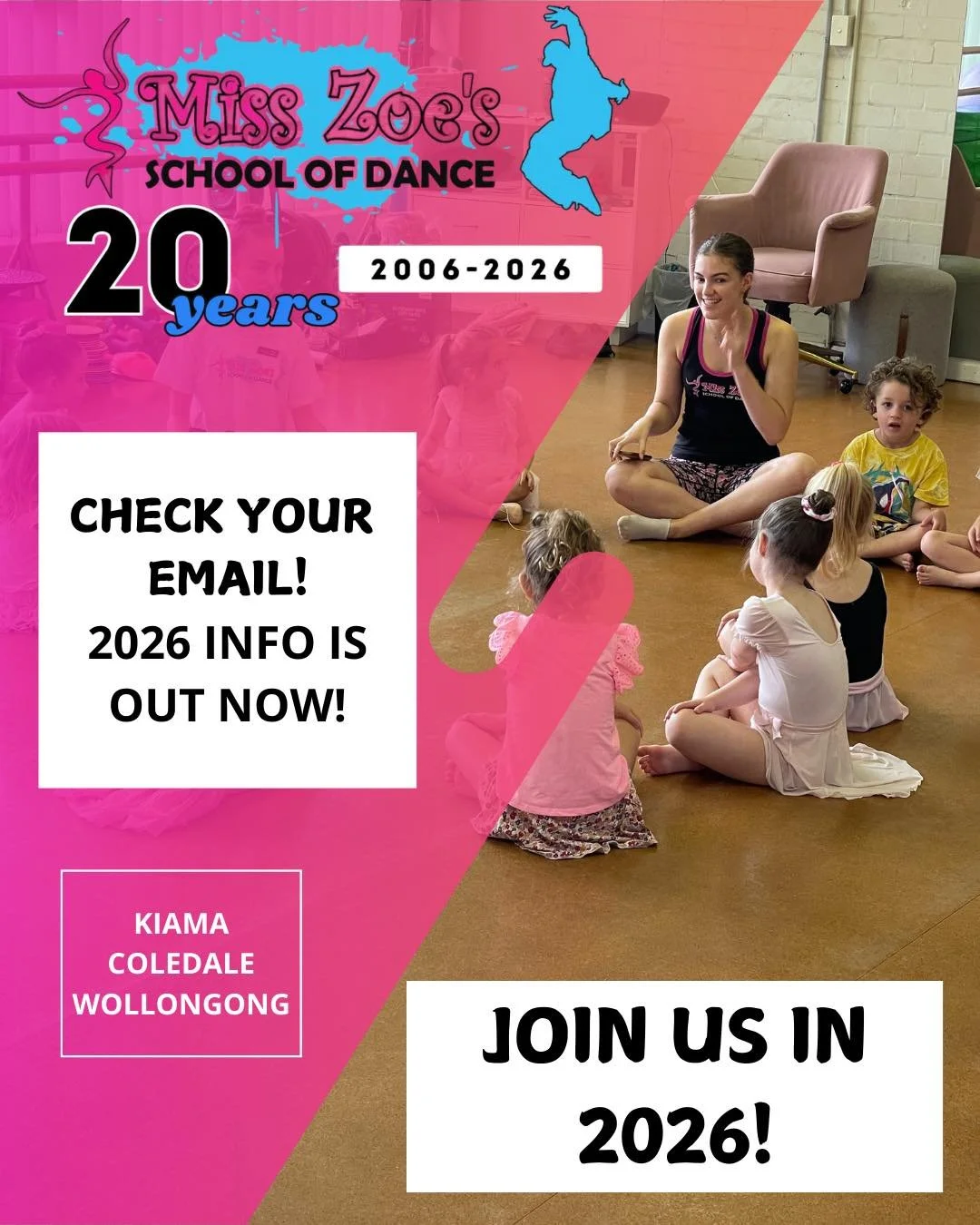 🌟 2026 INFO PACKS ARE IN YOUR INBOX NOW🌟

Miss Zoe&rsquo;s School of Dance is turning 20 years strong
in 2026 &ndash; and YOU can be part of the celebration!

Parents describe us as &ldquo;warm and encouraging,
welcoming and accommodating &mdash; a