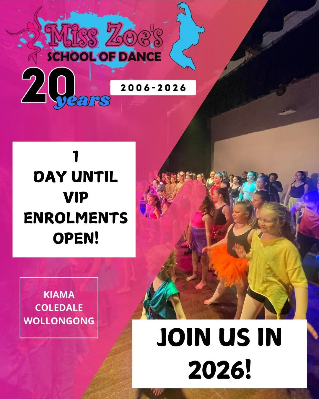 🌟 2026 VIP Enrolments Open TOMORROW!🌟

Miss Zoe&rsquo;s School of Dance is turning 20 years strong
in 2026 &ndash; and YOU can be part of the celebration!

Parents describe us as &ldquo;warm and encouraging,
welcoming and accommodating &mdash; a tr