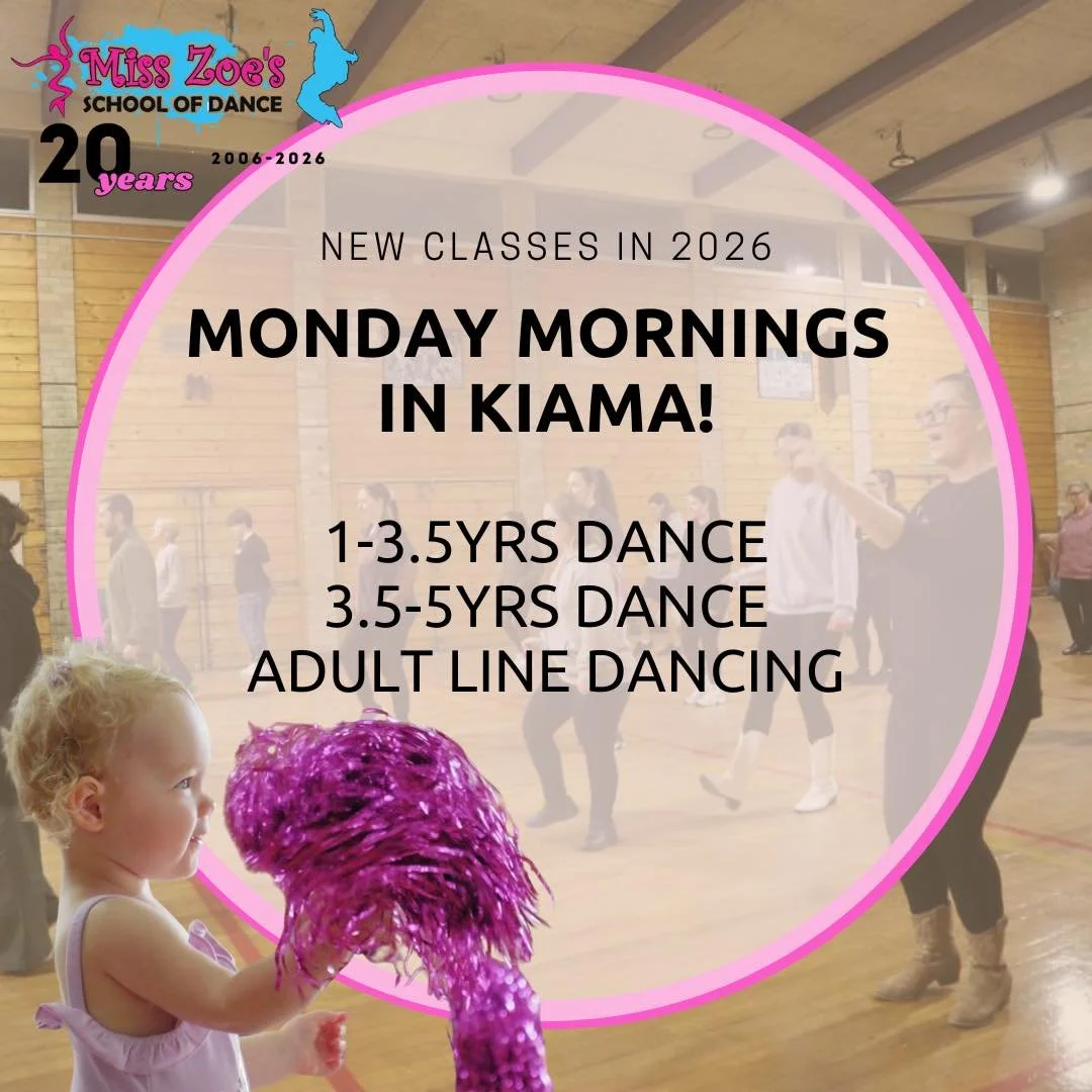 We are excited to be adding classes on Monday mornings at Kiama starting in February! Classes will be held at Kiama Scout Hall. 

9:15am 1-3.5yrs Intro to Dance
10am 3.5-5yrs Jazz/Ballet/Hip Hop
11am Adult Line Dancing

⭐️Free trial for all new stude