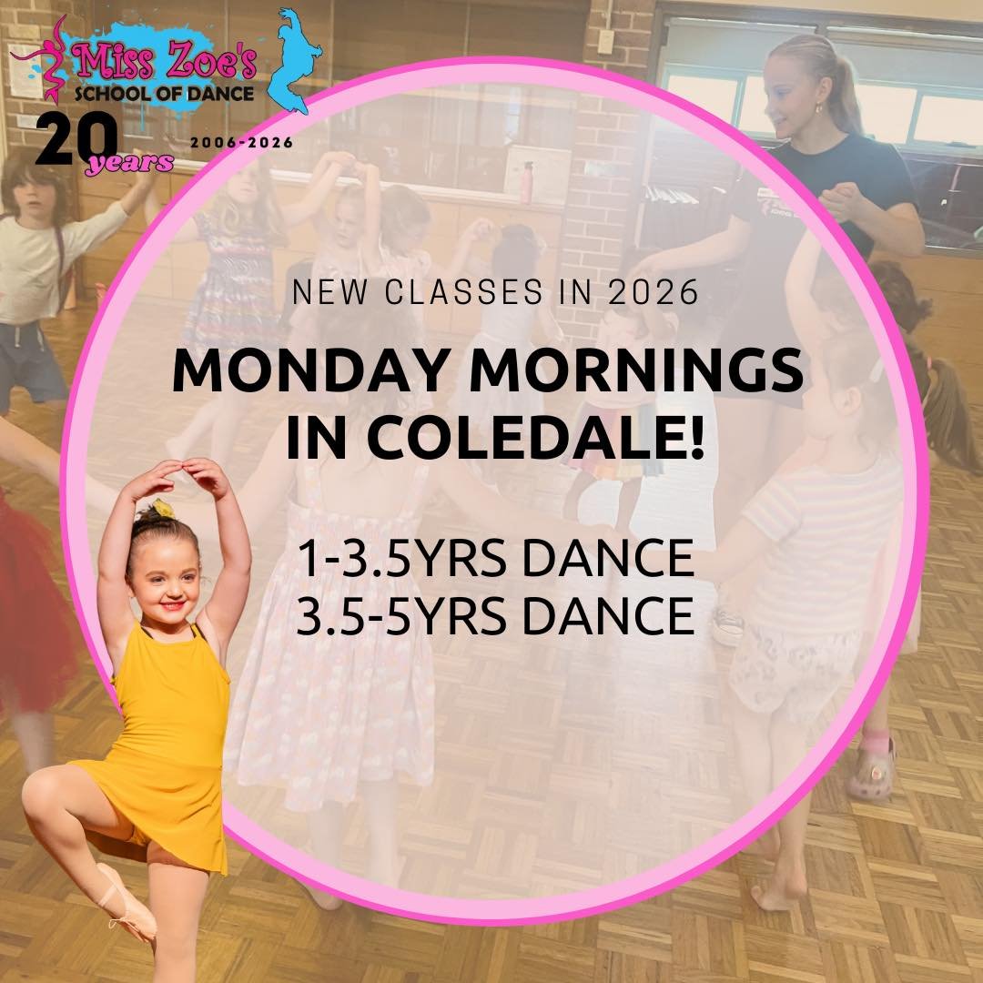 We are excited to be adding classes on Monday mornings at Coledale starting in February! Classes will be held at Coledale Community Hall. 

9:30am 1-3.5yrs Intro to Dance
10:15am 3.5-5yrs Jazz/Ballet/Hip Hop

⭐️Free trial for all new students
⭐️No jo