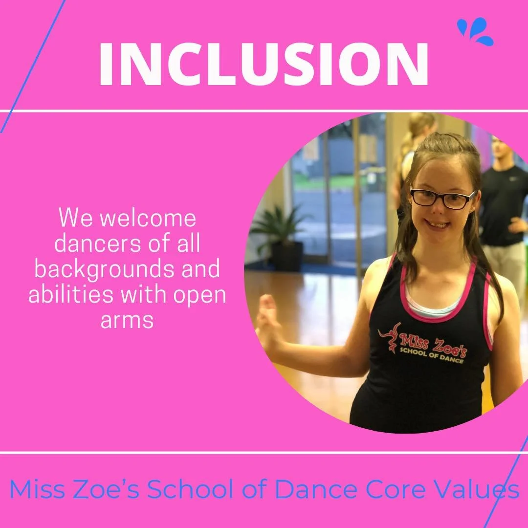 💙MISS ZOE&rsquo;S SCHOOL OF DANCE 10 CORE VALUES🩷

1. Inclusion: We welcome dancers of all backgrounds and abilities with open arms.

2. Non-competitive: Our focus is on personal growth and joy, not competition.

3. Non-selective: Every dancer is g