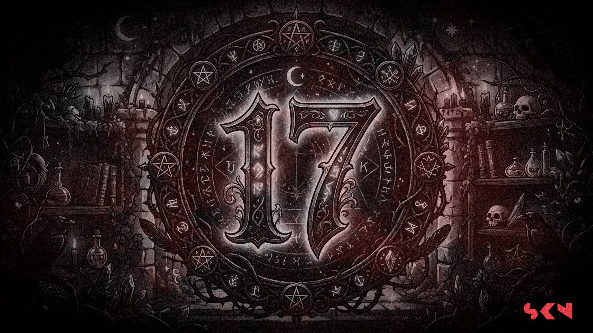 Dark fantasy illustration featuring a large occult symbol in the center, surrounded by arcane symbols, crows, skulls, books, and potion bottles in a gothic setting.