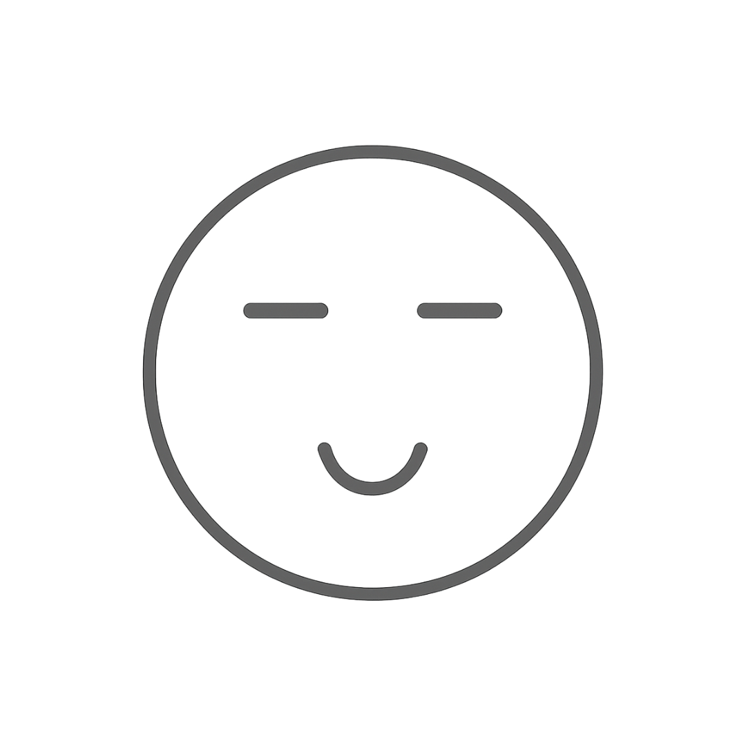 Smiley face emoji with closed eyes and a small smiling mouth, black outline on a transparent background.