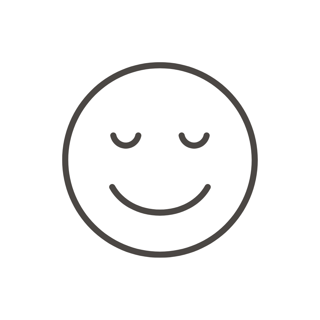 A simple black and white smiley face with closed eyes and a smiling mouth.