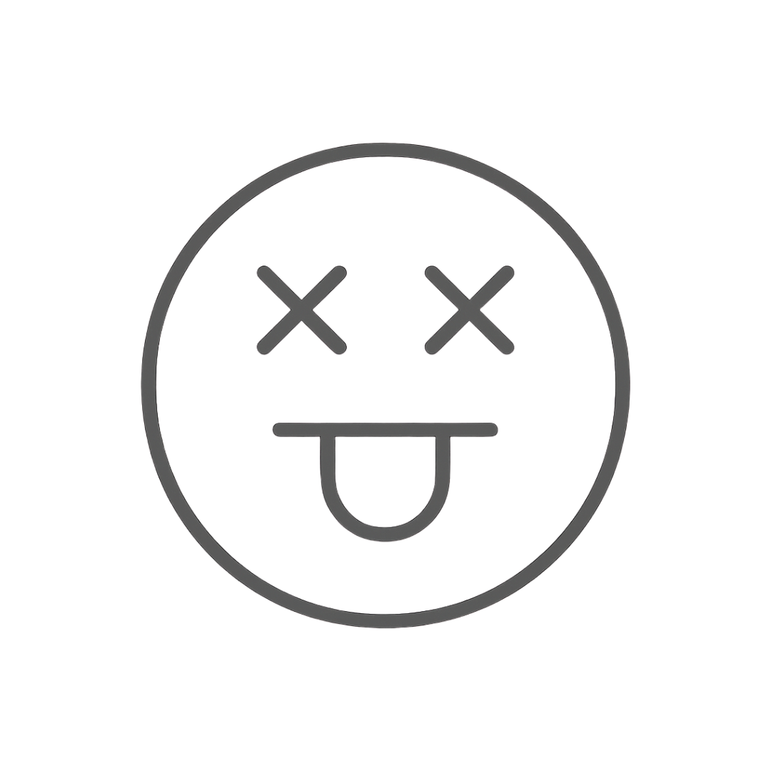 Gray outline of a smiley face with X's for eyes, a flat horizontal line for a mouth, and the tongue sticking out.