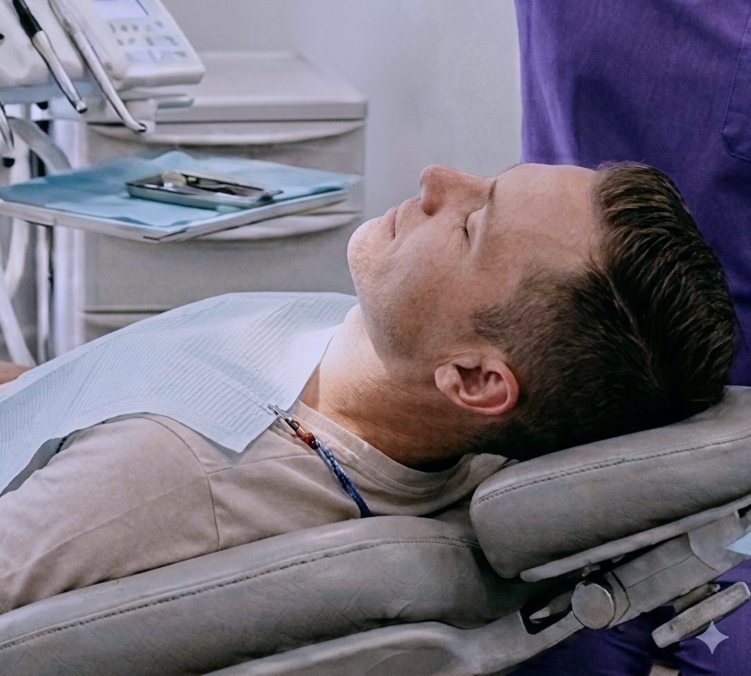 Oral sedation male patient lying in dental chair looking relaxed photo