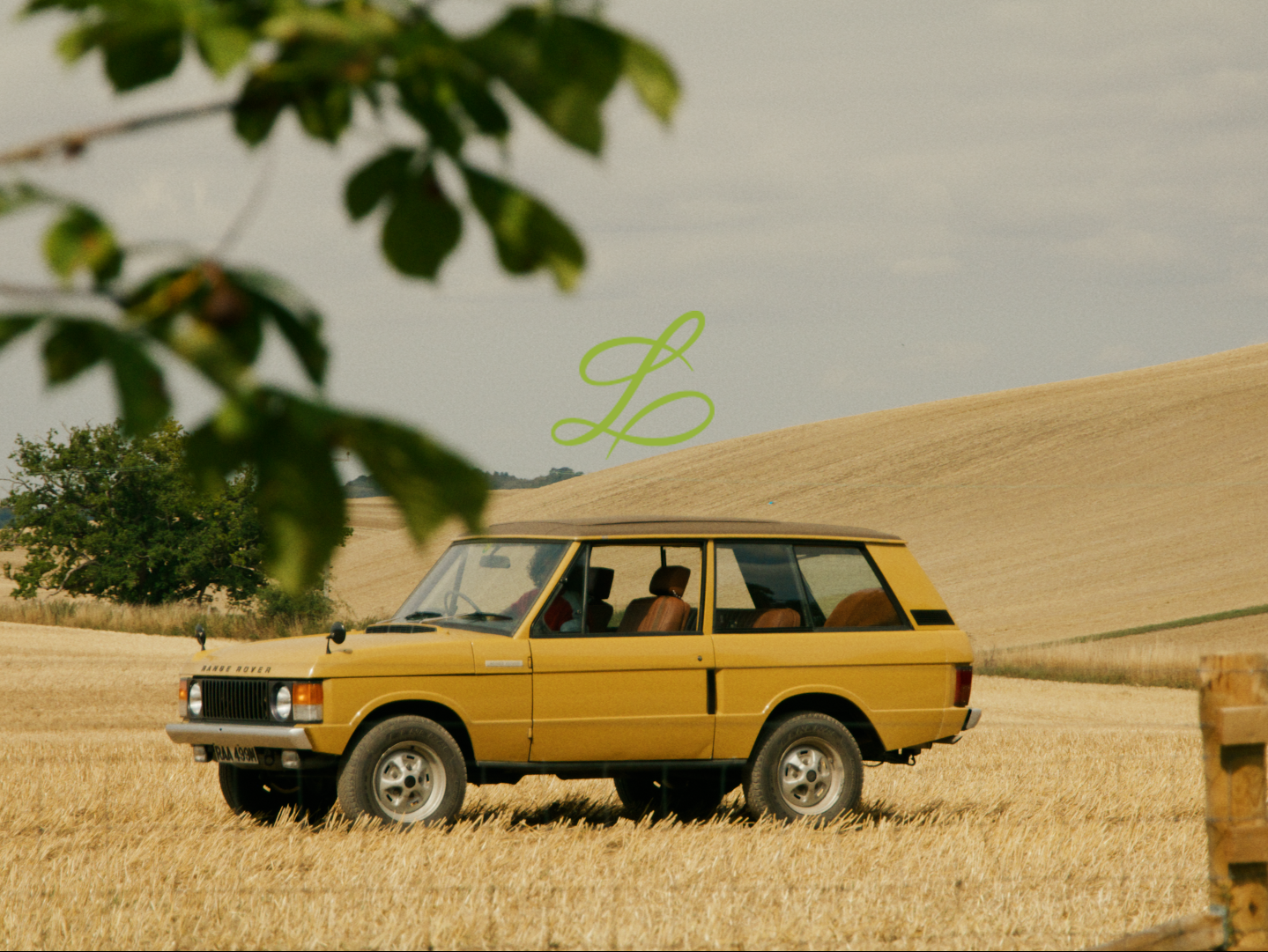A yellow Range Rover parked in a golden wheat field with rolling hills in the background, and green leaves in the foreground.