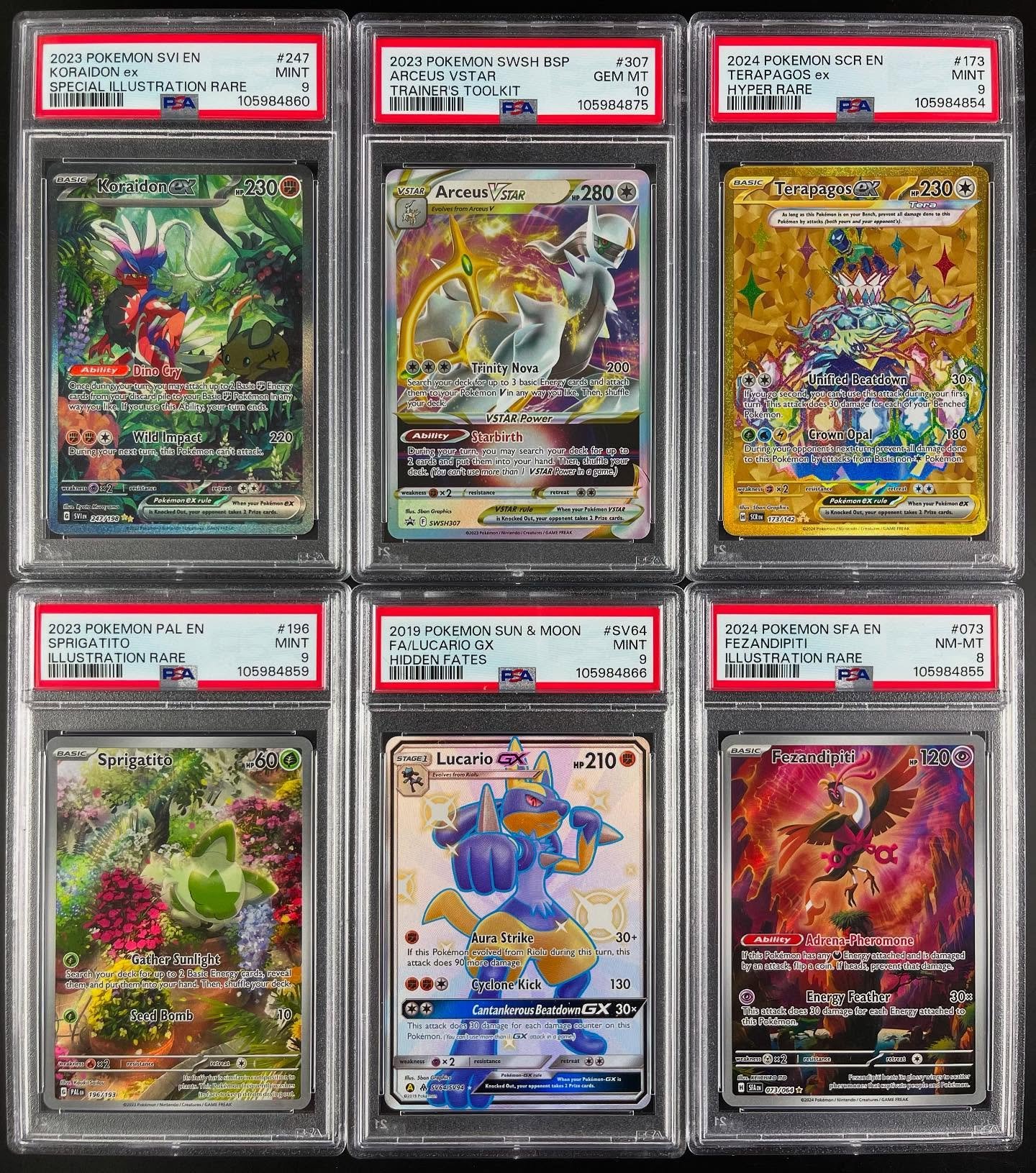 ANOTHER ONE! ☝️ Fresh PSA Pok&eacute;mon slabs just landed on the site! Graded, sealed, and ready to be shipped - don&rsquo;t miss out! 🤩

⭐️ Koraidon EX 247/198
⭐️ Arceus Vstar SWSH307
⭐️ Terapagos EX 173/142
⭐️ Sprigatito 196/193
⭐️ Lucario GX SV6