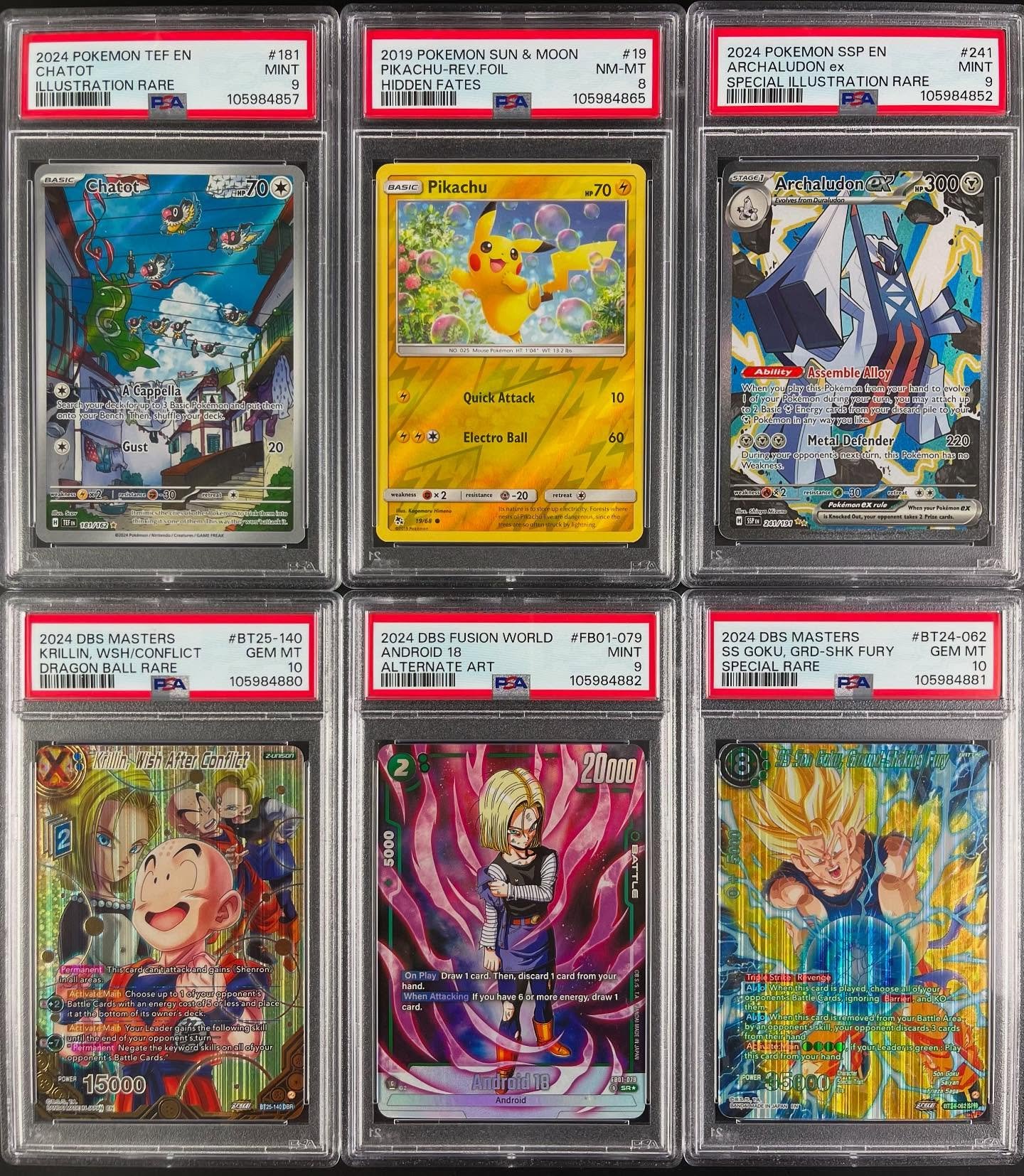 Fresh PSA Pok&eacute;mon &amp; Dragon Ball slabs just landed on the site! Graded, sealed, and ready to be shipped - don&rsquo;t miss out! 🤩

⭐️ Chatot 181/162
⭐️ Pikachu 19/68 
⭐️ Archaludon EX 241/191
⭐️ Krillin, Wish After Conflict BT25-140
⭐️ And