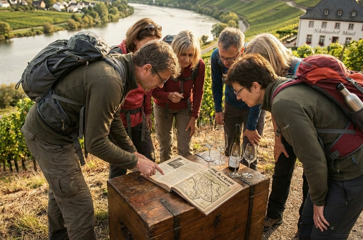 Eine Gruppe von Wanderern liest eine Karte auf einem alten Holztruhe im Weinberg mit Flaschen und Gläsern. Im Hintergrund fließt ein Fluss, umgeben von grünen Weinbergen und einem weißen Häuser mit schwarzem Dach.