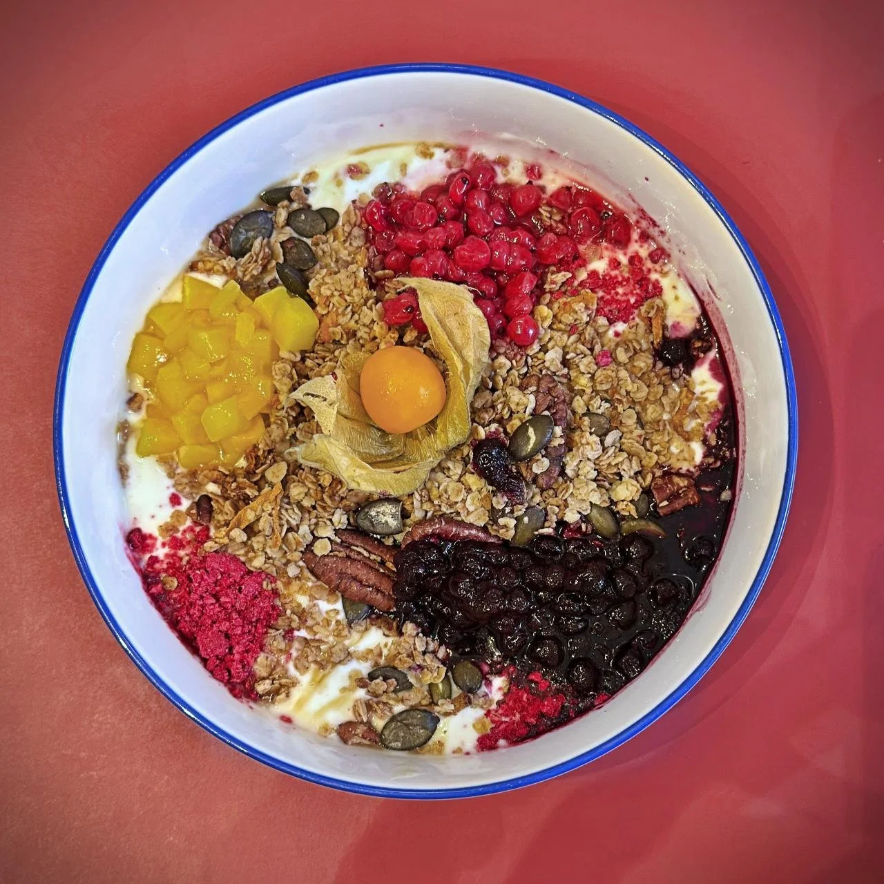 Frisch zubereitete Granola-Bowl im Café Helma in München mit Joghurt, Beeren, Physalis, Nüssen, Mango, Haferflocken und Kernen, serviert in weißer Schale auf rotem Hintergrund von oben fotografiert