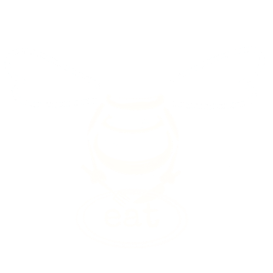 Minimalistisches Logo einer Hummel mit Messer und Gabel über einem Teller. Der Begriff „eat“ bildet den unteren Abschluss des Icons.
