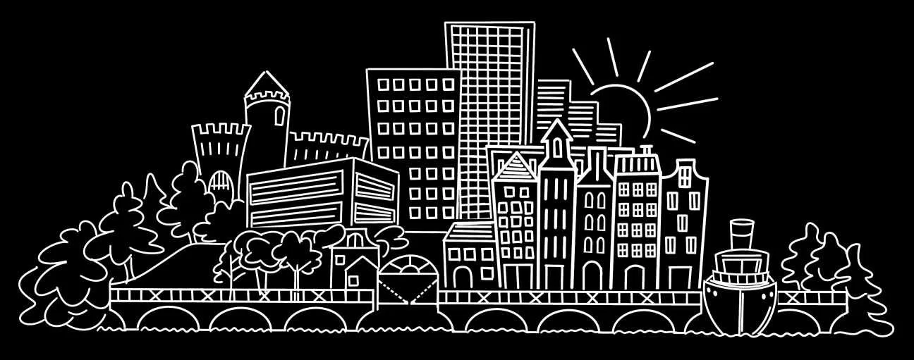 A white line-art logo on a black background featuring a complete cityscape. It mixes old castles with modern skyscrapers and classic Amsterdam gabled houses. The sun rises over the skyline, while a bridge and a small ship complete the scene below.