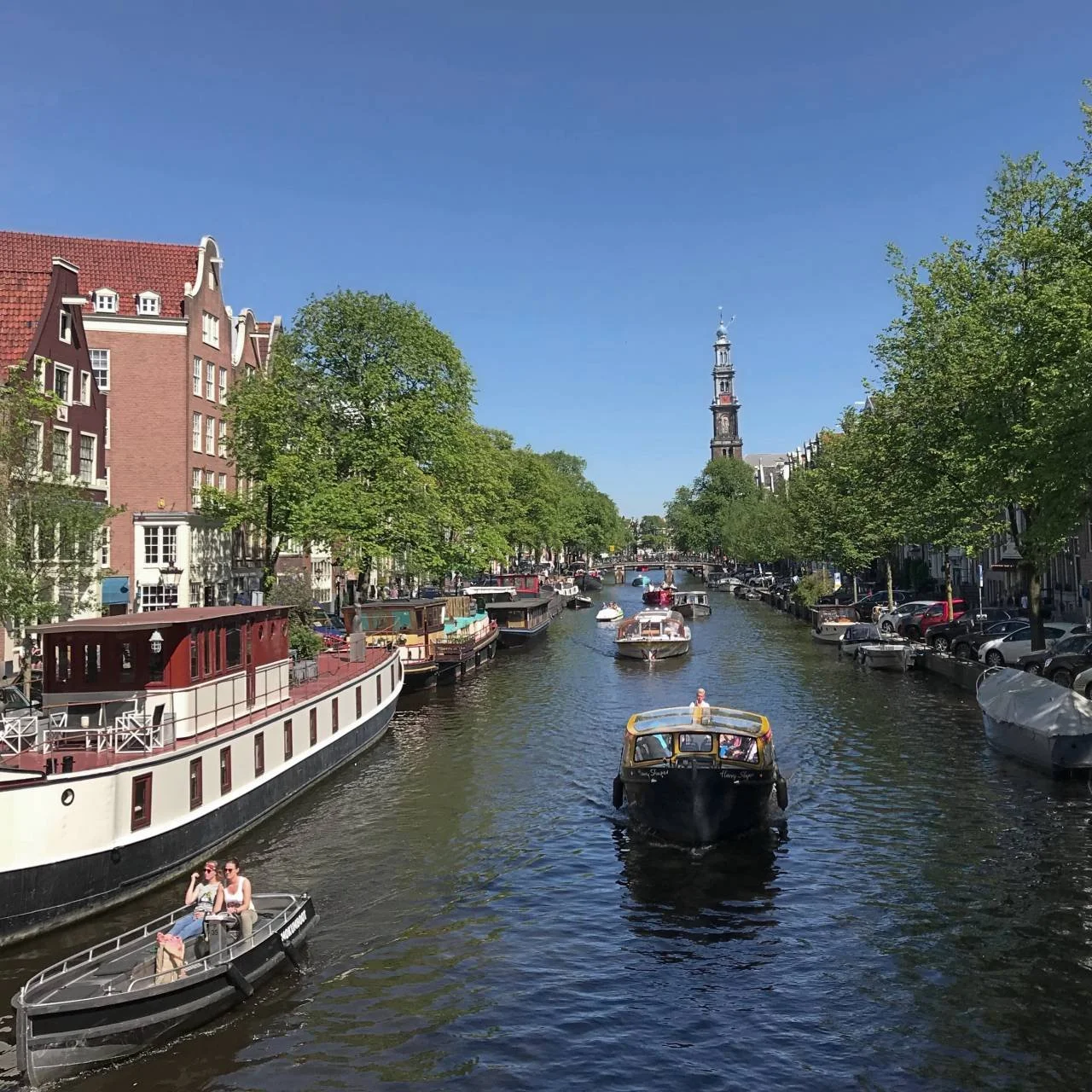Boats on an Amsterdam canal in the Jordaan district, lined with houseboats, canal houses and trees, view along the waterway with the Westerkerk in the background.