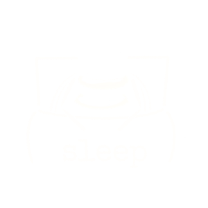 Weiße Line-Art einer Hummel, die entspannt auf einem Kissen schläft. Darunter steht der Schriftzug „sleep“ in Schreibmaschinenschrift.