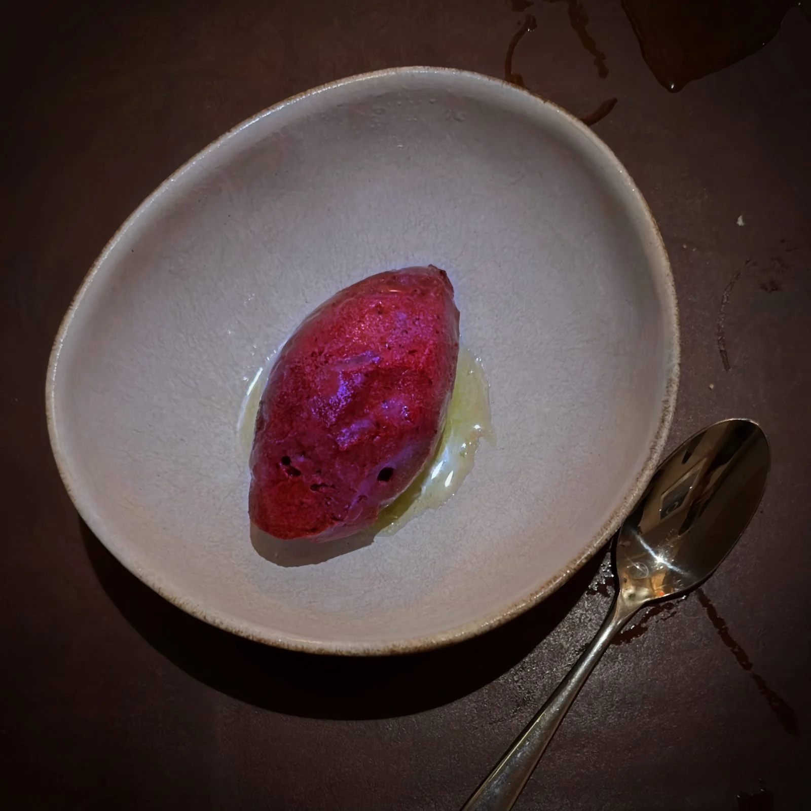 Blaubeersorbet wird in einer hellen, rustikalen Keramikschale im Restaurant Främmat in Stockholm präsentiert. Ein silberner Löffel liegt griffbereit auf der dunklen Tischoberfläche.