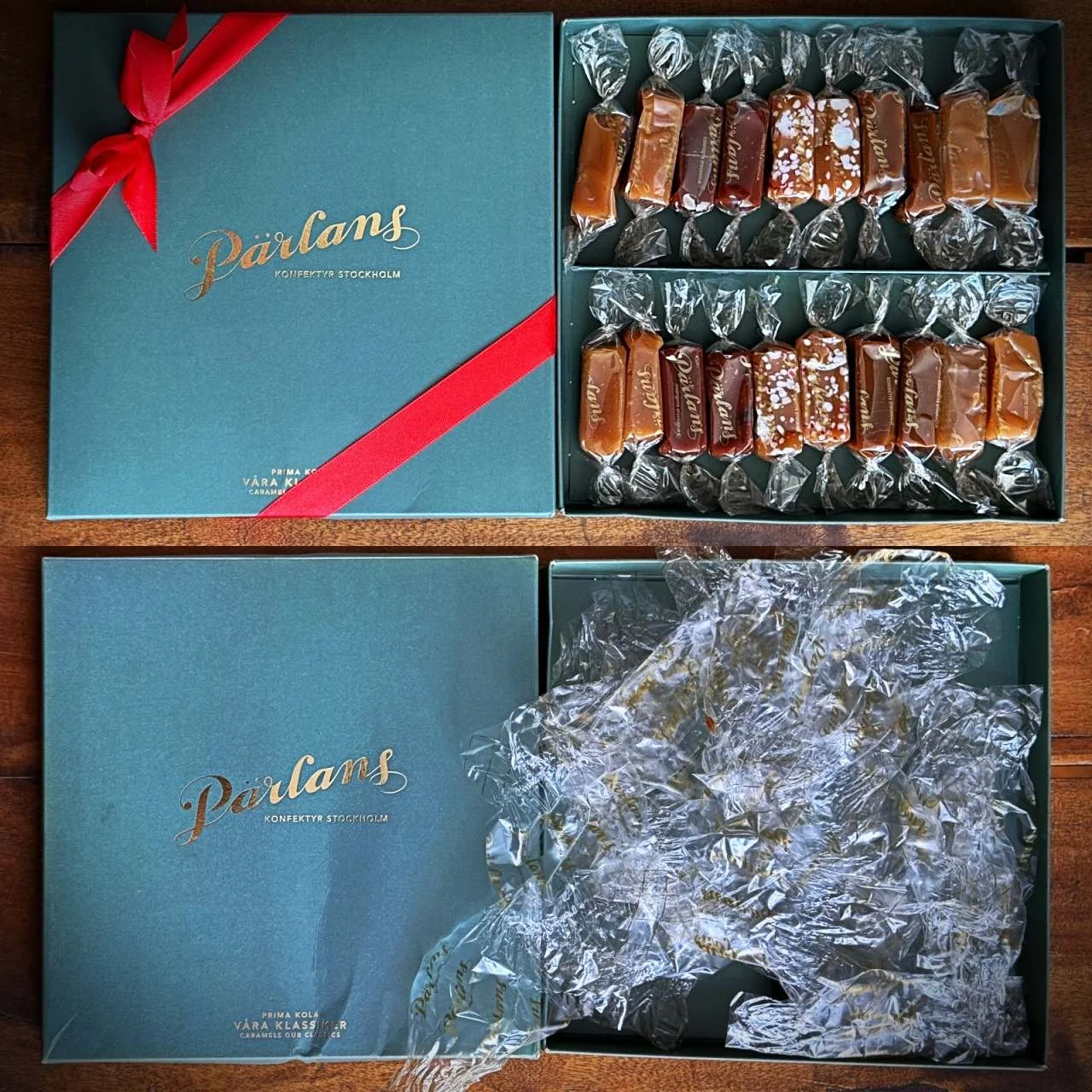 Eine Collage zeigt zwei Zustände einer Pärlans Konfektyr Box aus Stockholm: Oben liegen die Karamellbonbons ordentlich sortiert in der grünen Verpackung, im unteren Bild füllen nur noch die leeren, aufgerissenen Folien den Karton.