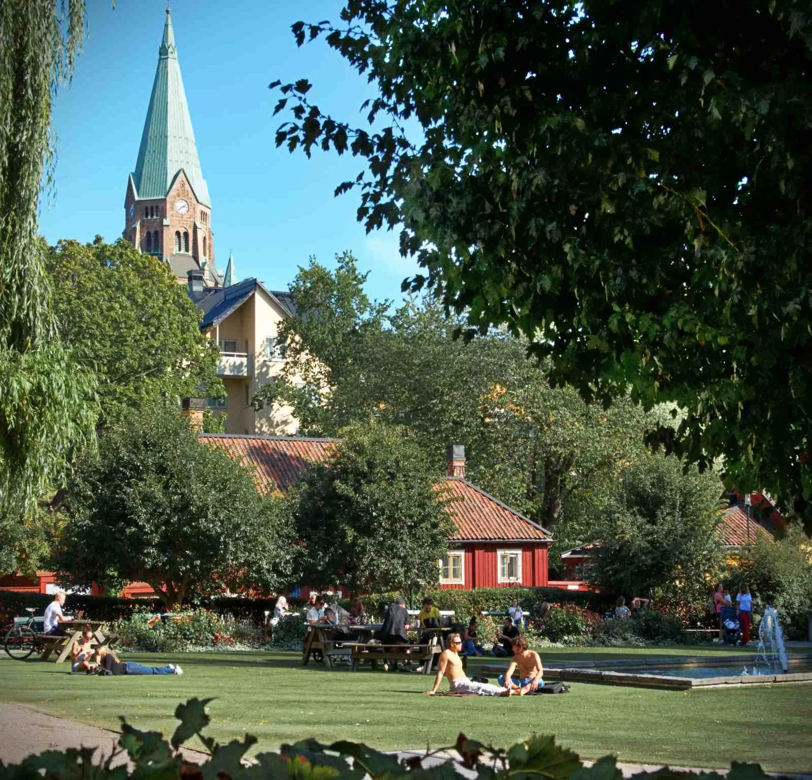 People relaxing on a green lawn at Nytorget Park on a sunny day. In the background, traditional red-brown wooden houses, trees, and the tall spire of Sofia Church are visible.