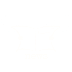 A minimalist white illustration on a black background depicting a bumblebee reading an open newspaper. Below the image, the word "news" is written in a distinctive typewriter font.