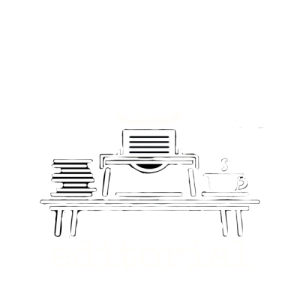 A white illustration on a black background shows a bumblebee sitting at a table and typing on a typewriter. Stacks of paper and a steaming cup are next to it, with the word "editorial" written below in typewriter font.