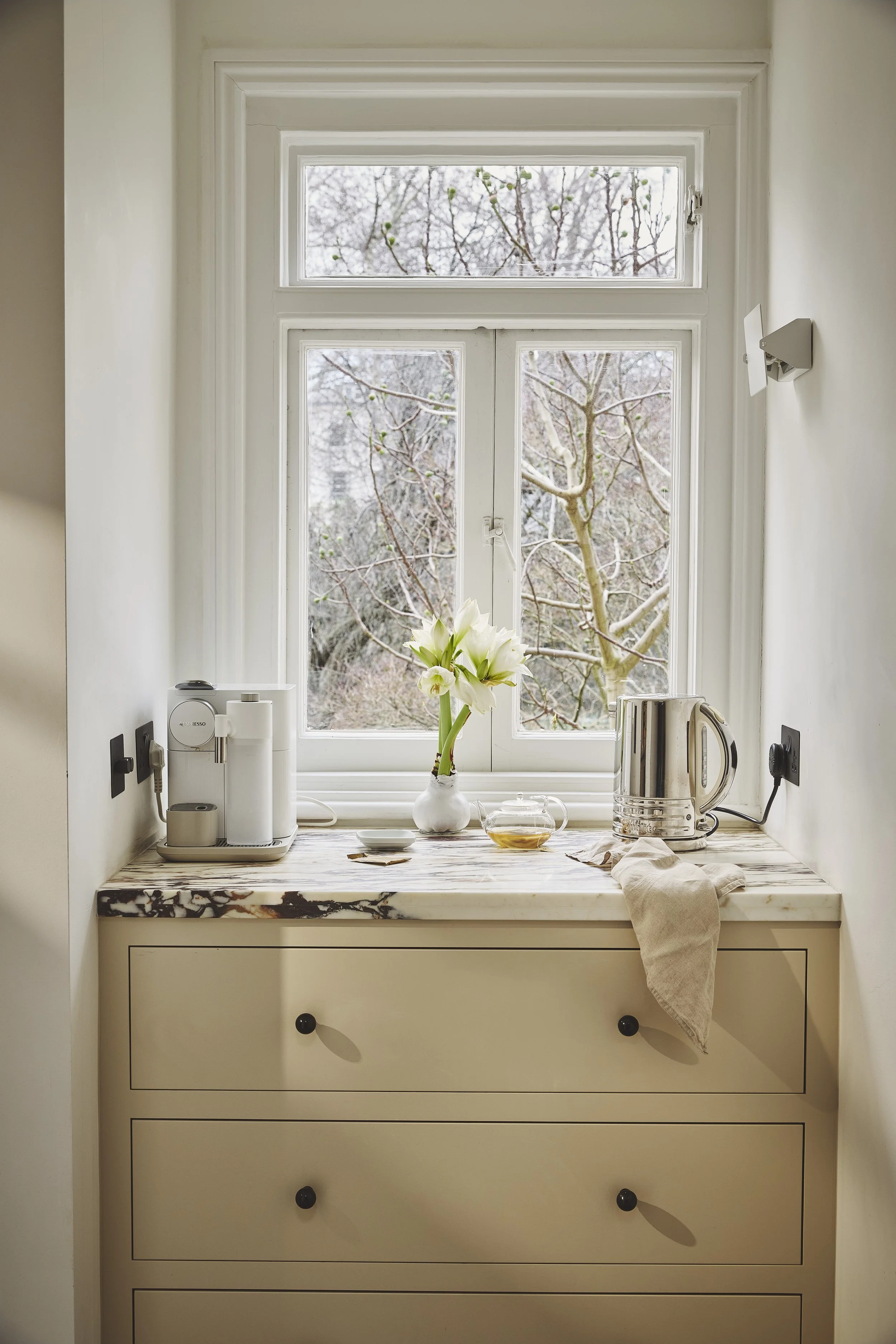Luxury marble coffee station with coffee machine and kettle