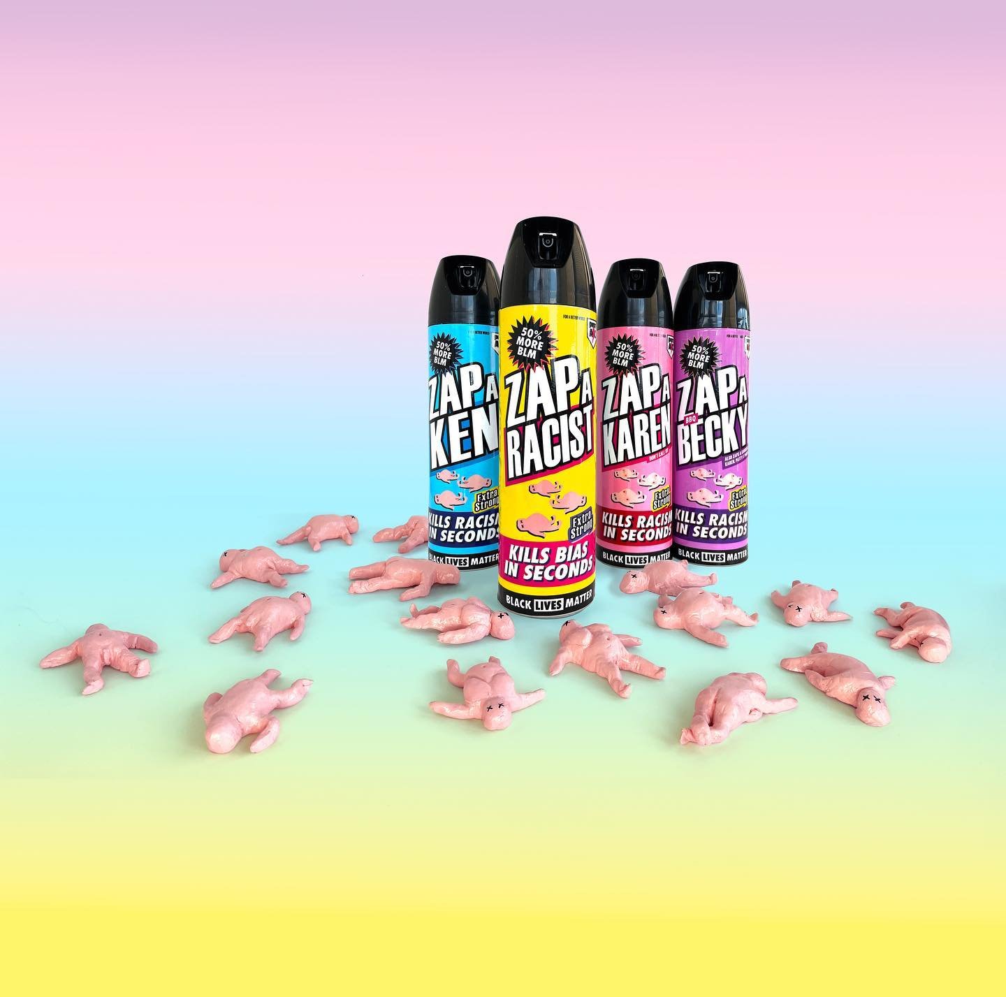 🥂🎉Zap A Racist. Kills bias in seconds. Spray can, label, sculpted Kens, Karens and Beckies, 2024. New at closing party SPEAK UP! Women, Art &amp; Social Justice. this Thursday, April 18, 6-9 pm, curated by artist/curator&nbsp;@valerilarko, with&nbs