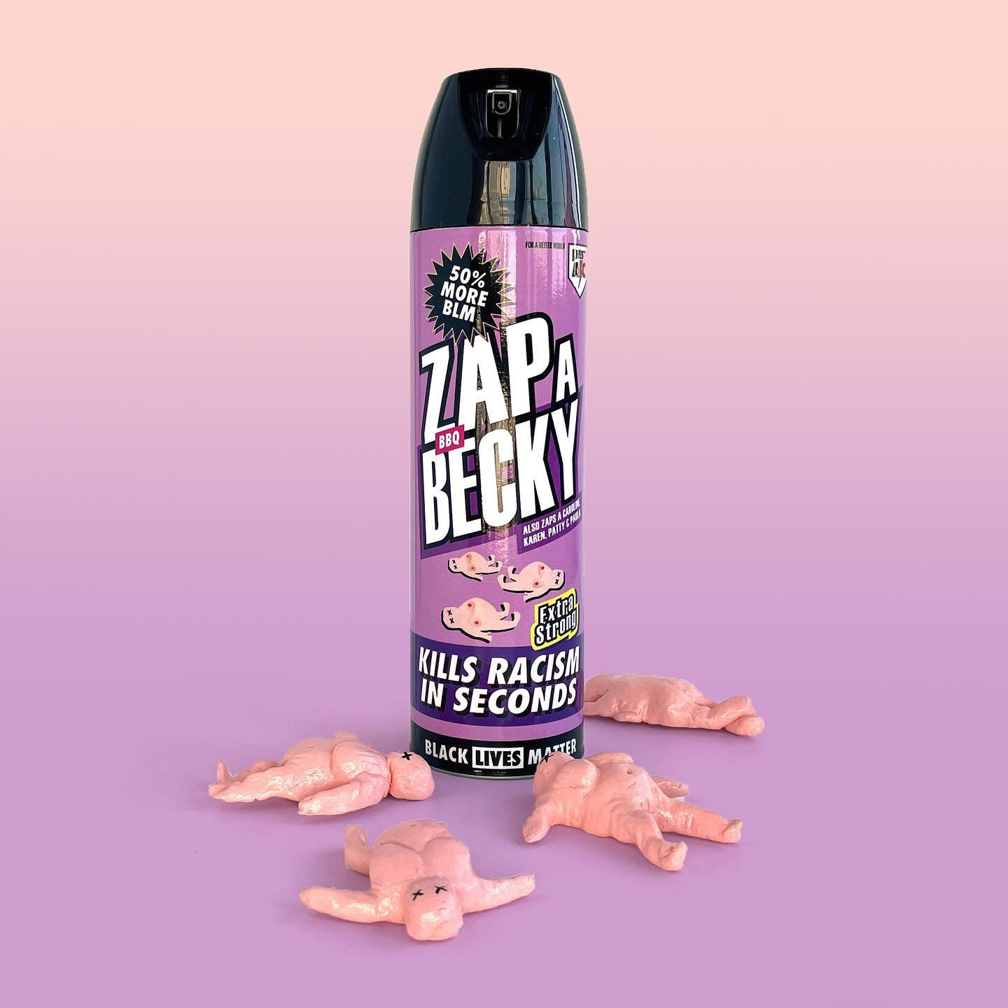 🥂🎉Zap A BBQ Becky. Kills racism in seconds. Spray can, label, sculpted Beckies, 2024. New at closing party SPEAK UP! Women, Art &amp; Social Justice. this Thursday, April 18, 6-9 pm, curated by artist/curator&nbsp;@valerilarko, with&nbsp;@dainahigg