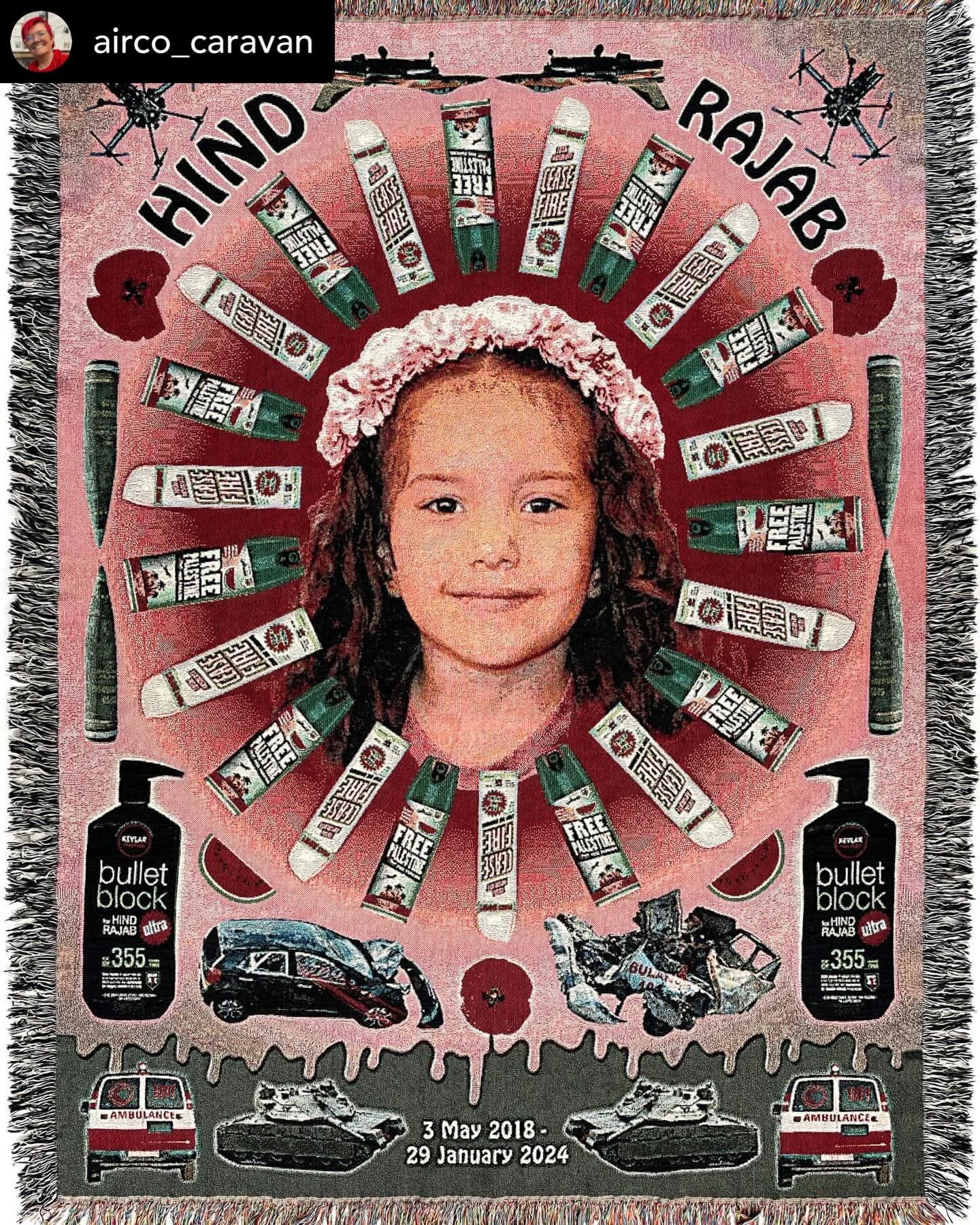 💔Hind would have been 8 today. Happy birthday in heaven ❤️❤️😢🇵🇸Hind Rajab was murdered by IDF soldiers with 355 bullets on January 29, 2024. Don&rsquo;t stop talking about Palestine. Fck Israhel. @thevoiceofhindrajabfilm 

War Rug Hind Rajab: Mac