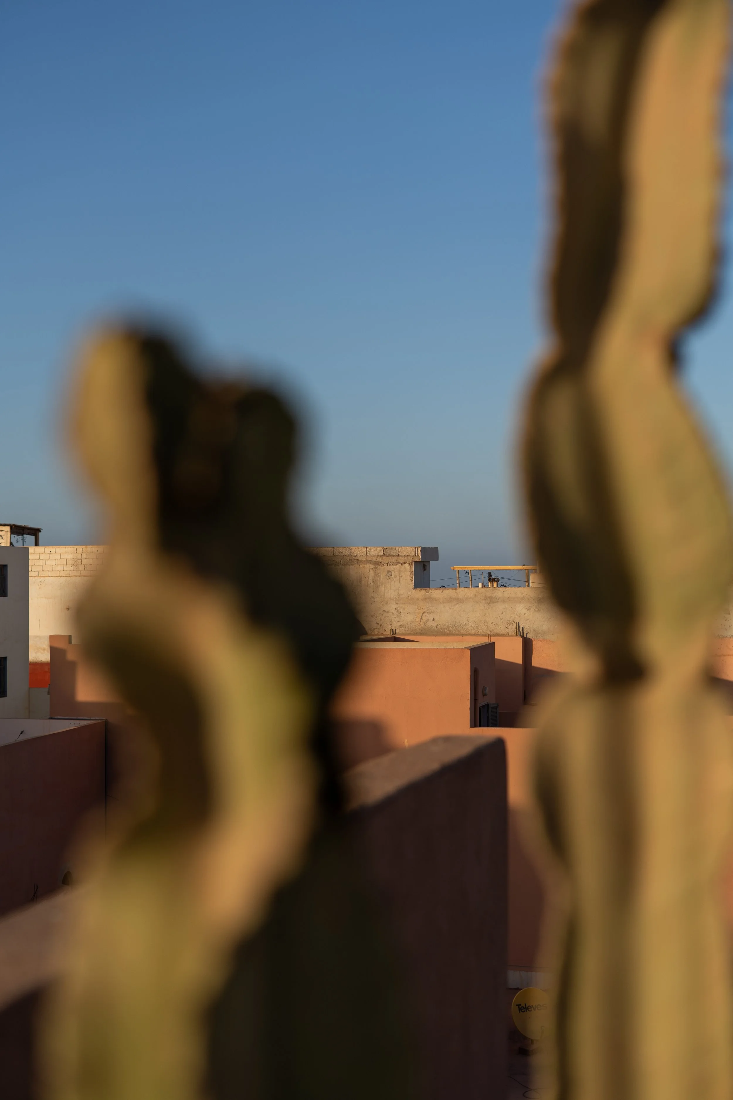 Vue floue d'un paysage urbain avec des bâtiments aux couleurs peach, avec un ciel bleu clair en arrière-plan, vue à travers une barrière en fer forgé avec une décoration en spirale.