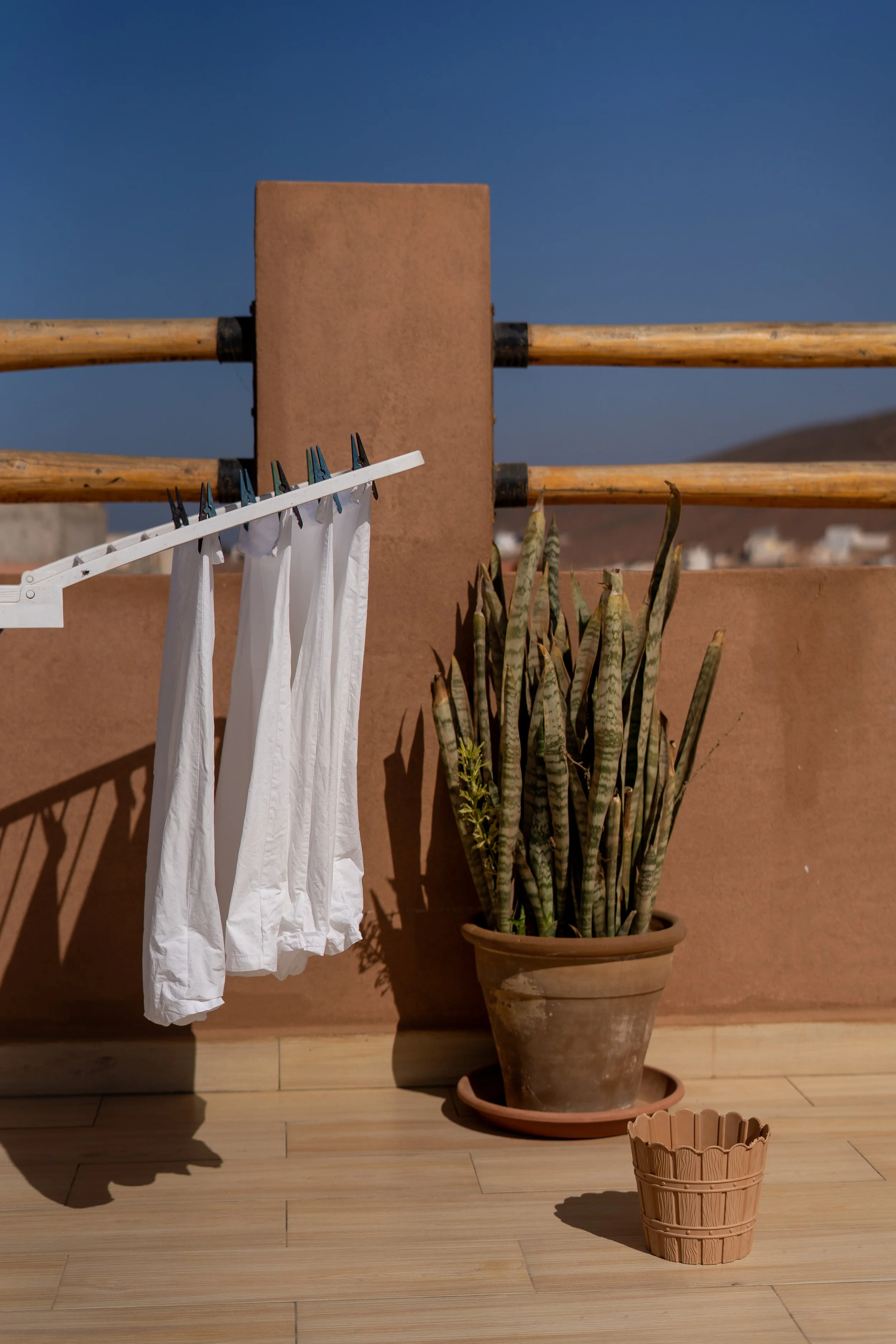 Une image d'une terrasse ensoleillée avec des vêtements blancs suspendus à un étendoir, une grande plante en pot et un petit pot en terre cuite sur un parquet en bois. En arrière-plan, un mur en terre cuite et un ciel clair.
