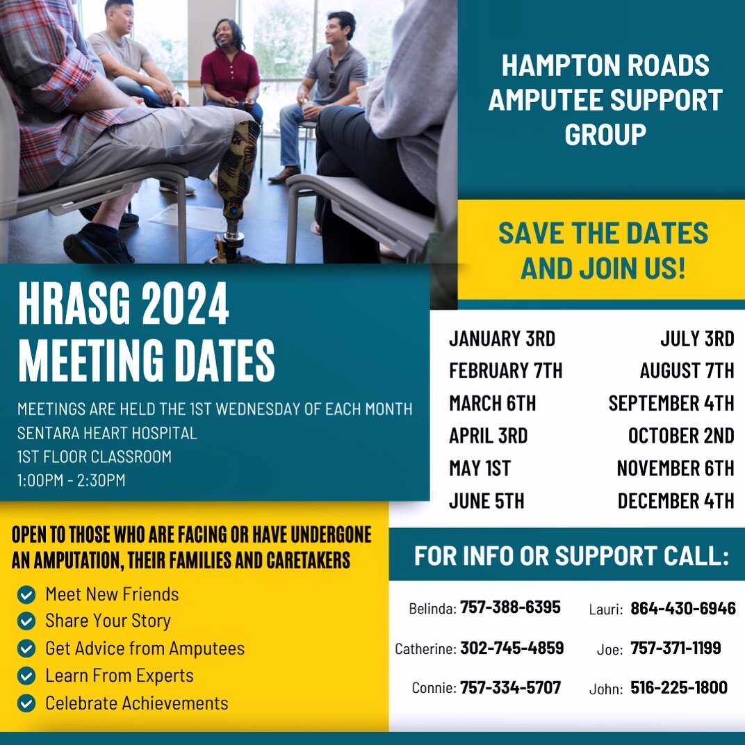 Here are the 2024 dates for the HRASG meetings. The Hampton Roads Amputee Support Group is open to those who are facing or have undergone an amputation, their families and caretakers. 

HRASG meetings are held the 1st Wednesday of each month at Senta