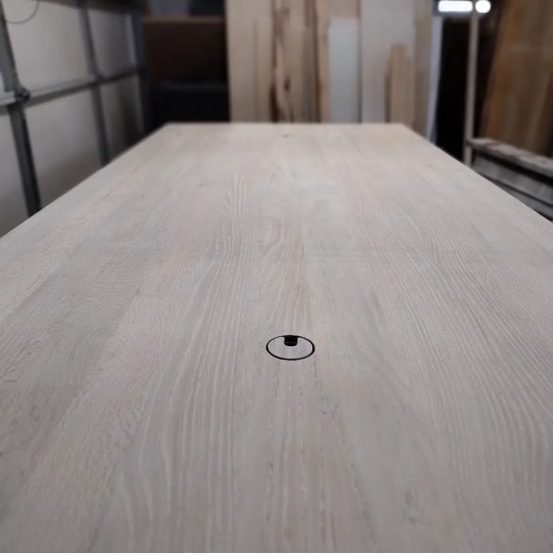 This is a glimpse at the matching bleached oak grommets for this monster table. 

I always have a hard time letting go at the end of a big project. There's always one more thing, one last detail. 

I hear lots of creatives talk about how they second 