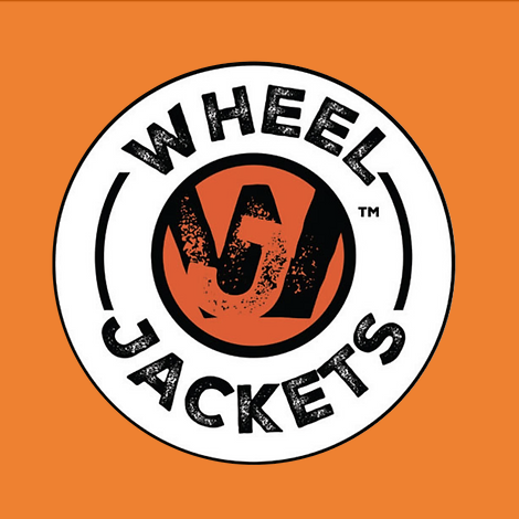 Wheel Jacks logo with black and red lettering on a white background, orange background.