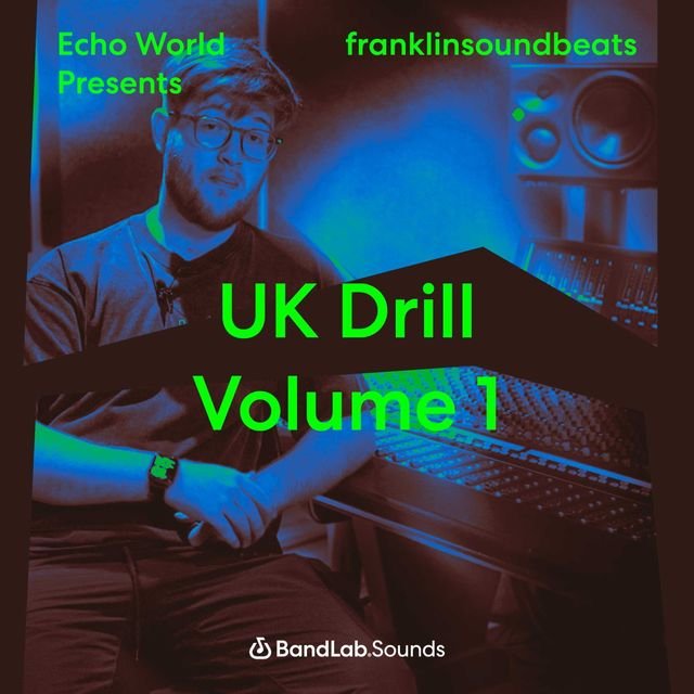 Cover image for a music production album titled 'UK Drill Volume 1' by Echo World Presents and franklinsoundbeats, with a man in a recording studio using a mixing console.
