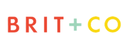 Colorful text spelling 'BRIT + CO' with each letter designed in a playful, bold style.