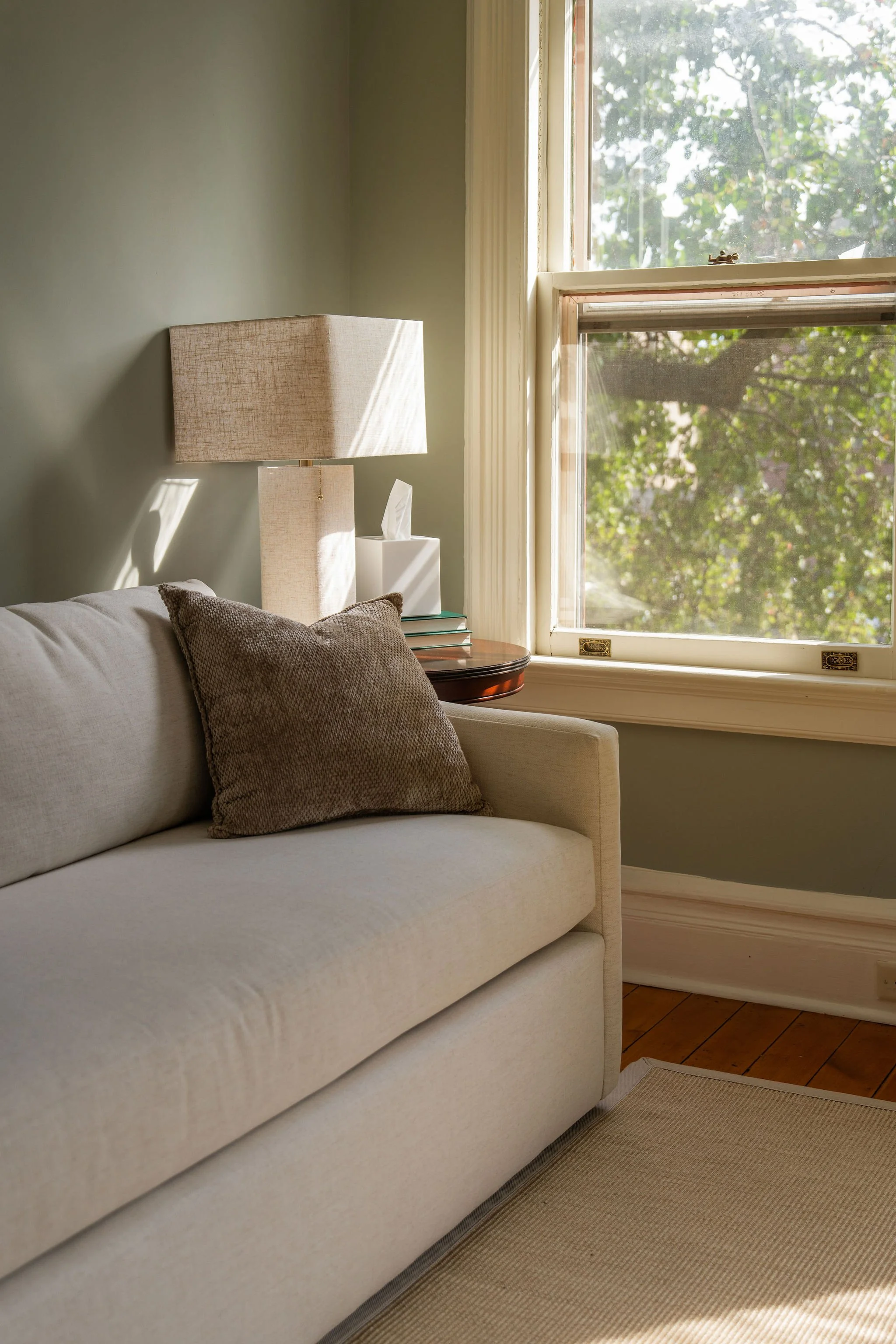 couch with end table that has a lamp and tissue box on it next to it