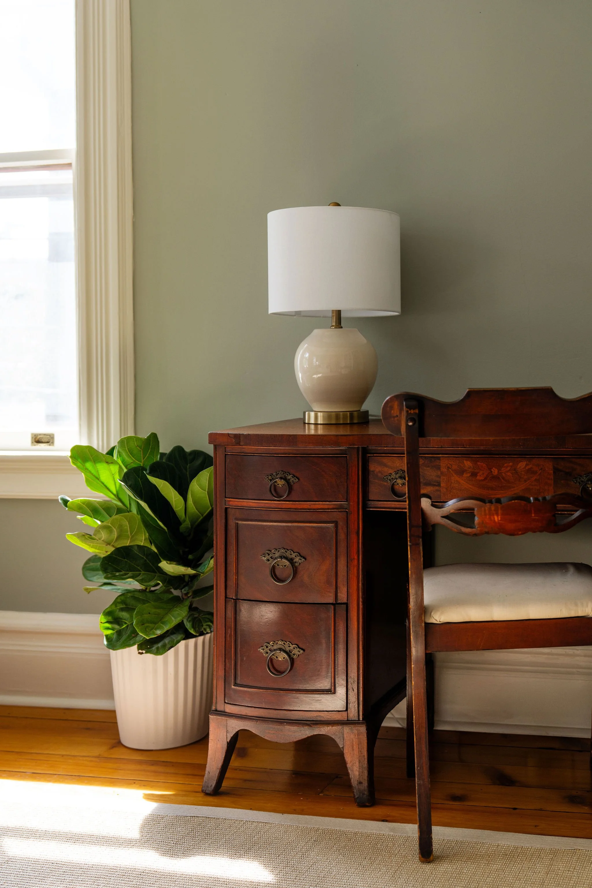 Mahogany desk and chair with ficus plant next to it