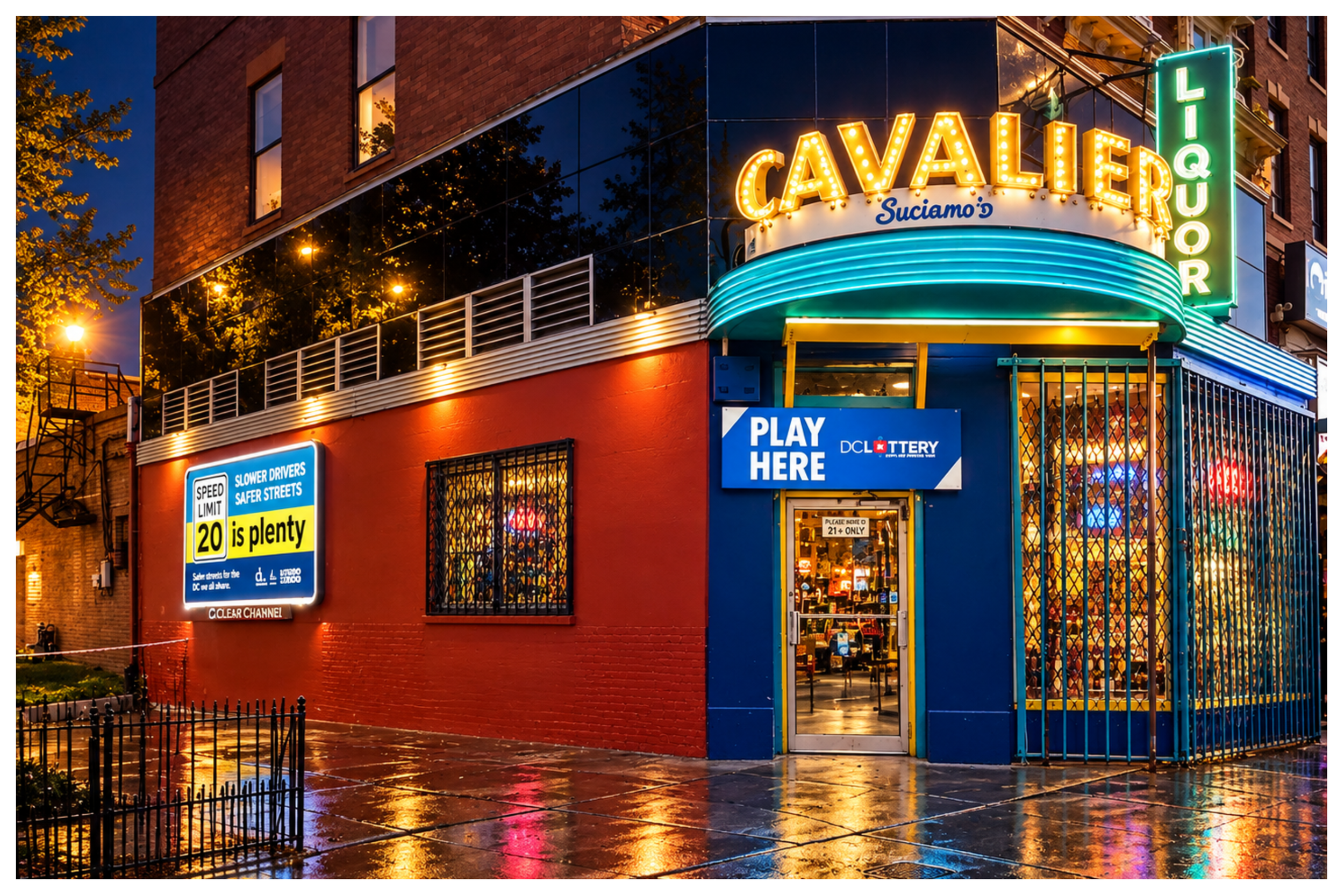 A corner building with neon signs reading 'Cavalier' and 'Liquor' illuminated at night. The building has a red brick facade, large reflective windows, and an entrance with a cage. Street signs, trees, and wet pavement reflecting lights are visible.