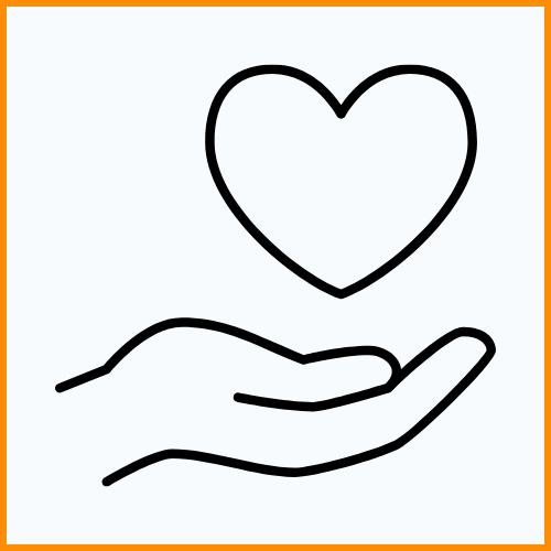 Image of a hand cupped wit a heart hovering above it. Bordered by an orange square.