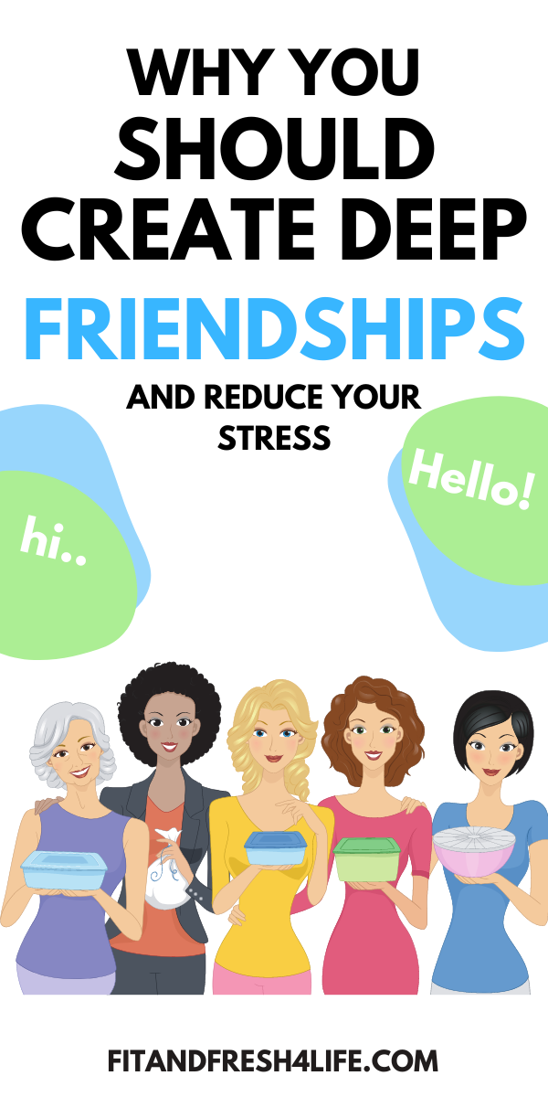 5 clipart drawn women in bright colours are standing together in a line. They have different skin tones and hairstyles and are holding colorful bowls and containers of food. Above them there are blue and green clipart bubbles saying Hi and Hello.