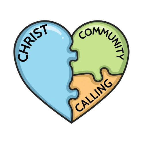 Image of a heart puzzle with 3 interlocking pieces in different colours. Blue on the left featuring Christ, Green at the top on the right with the word Community and orange at the bottom right with the word Calling inscribed on it.