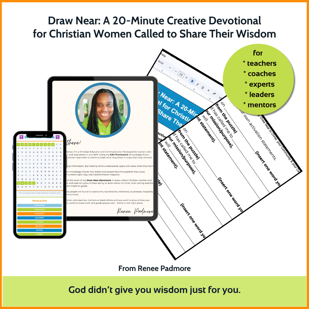 Mockup of Draw Near: A 20-Minute Creative Devotional. Features a phone with an interactive word search, a tablet with a welcome message and two worksheets found in the experience.