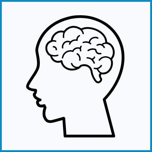 Image of a brain inside the outline of a head in profile view. Bordered by a blue square