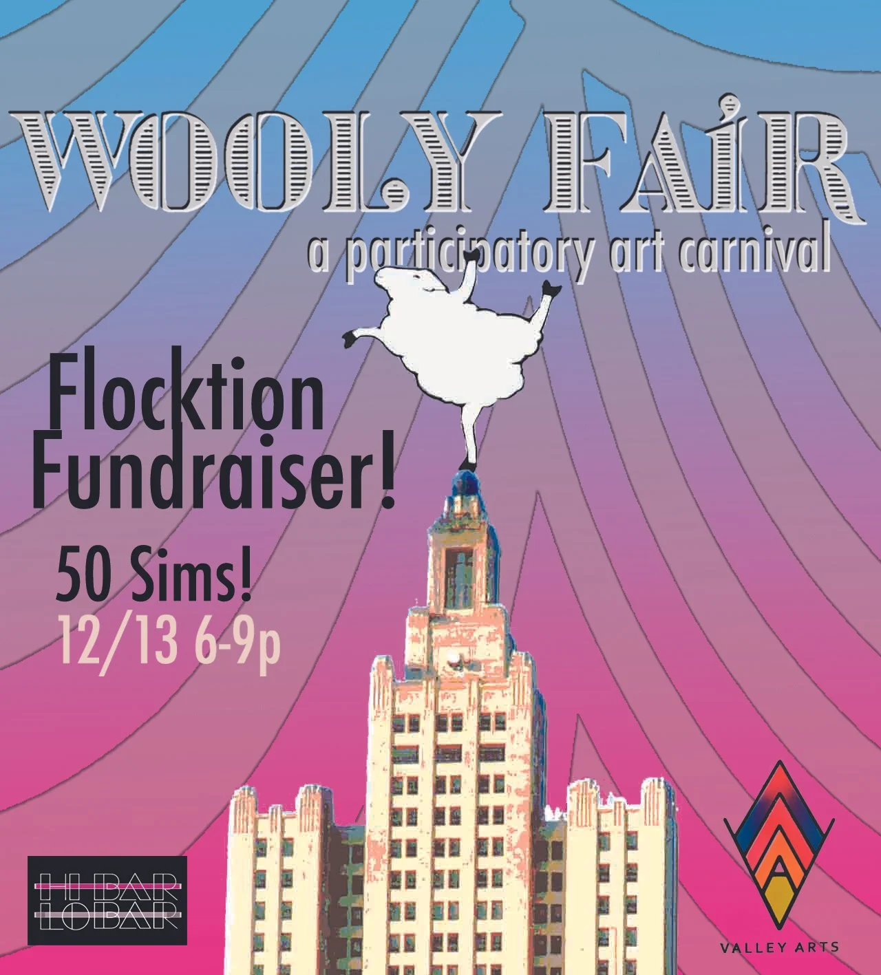 A promotional poster for Woody Fair, a participatory art carnival and flocktion fundraiser event featuring 50 Sims, scheduled for December 13th from 6 PM to 9 PM. The poster depicts a tall building with a cartoon sheep standing on top of it, with a colorful, abstract background.