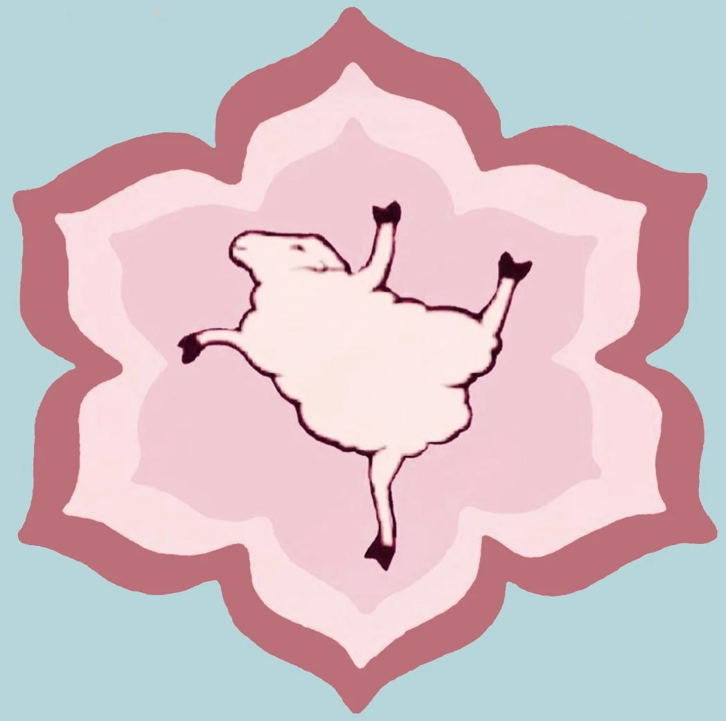 A cartoon illustration of a dancing sheep on a pink flower background with blue sky.