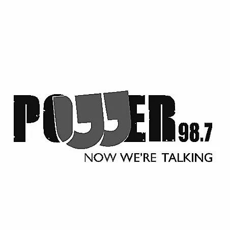LOGO for power 98.7 radio station with the tagline "NOW WE'RE TALKING".