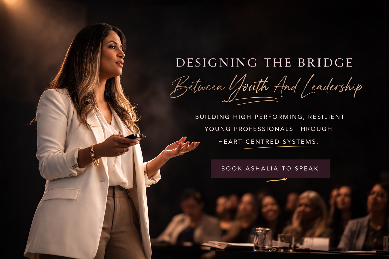 A woman in a beige blazer speaking at a conference with an audience in the background, with overlay text about leadership and youth.