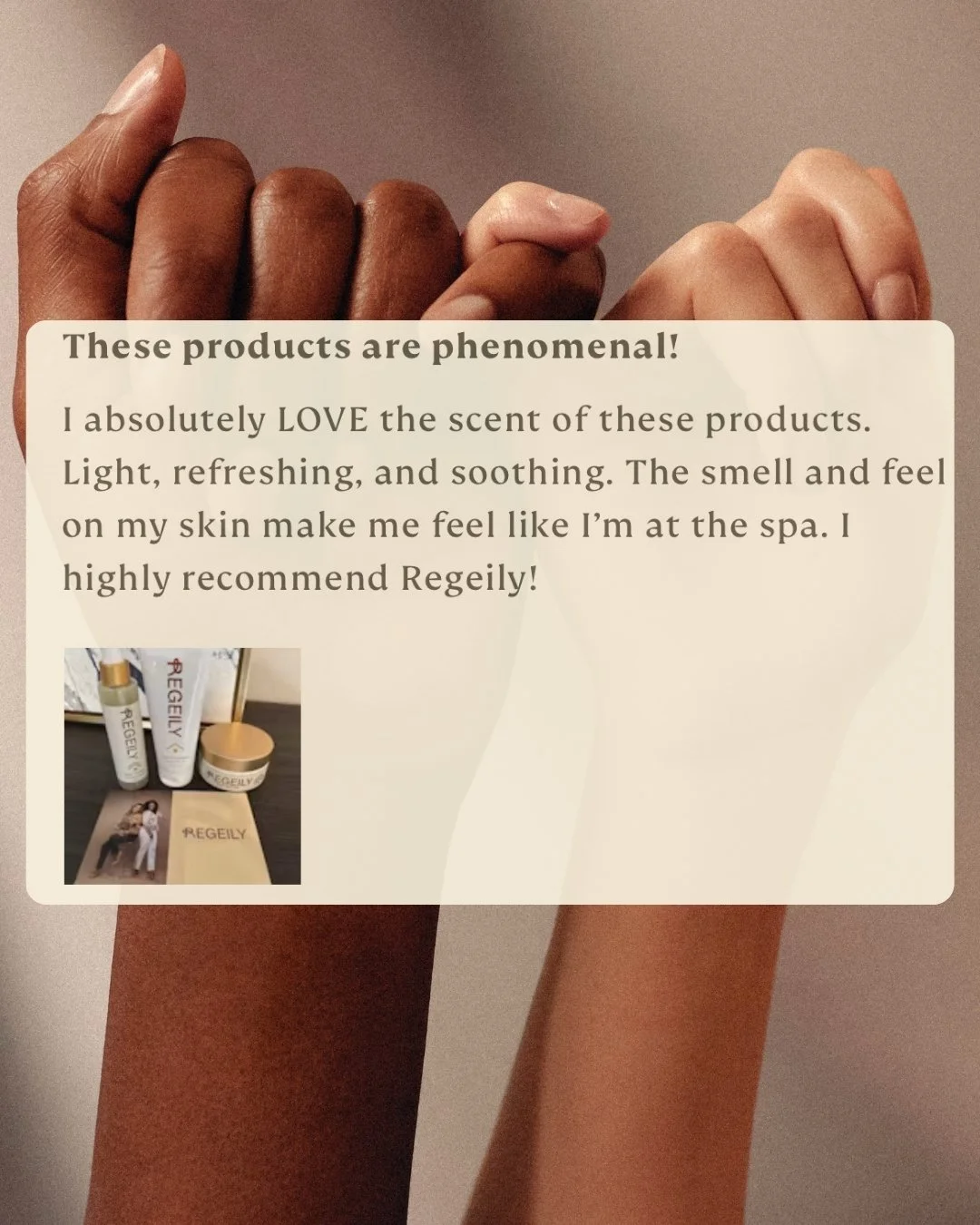 🌿 Spa vibes at home 🌿
Reviews like this remind us why we created Regeily:

&ldquo;The scent is light, refreshing, and soothing. The smell and feel on my skin make me feel like I&rsquo;m at the spa.&rdquo;

Your self-care routine deserves products t