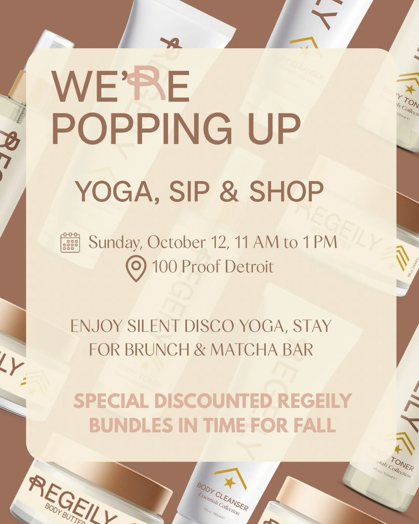 Join us this weekend at the 5th annual Yoga, Sip &amp; Shop. 

Enjoy silent disco yoga with a live DJ @djthayofficial at @100proofdetroit.

Flow with @anu_rising_  in a one-of-a-kind experience.

Enjoy a cozy fall popup market + stay for brunch and a