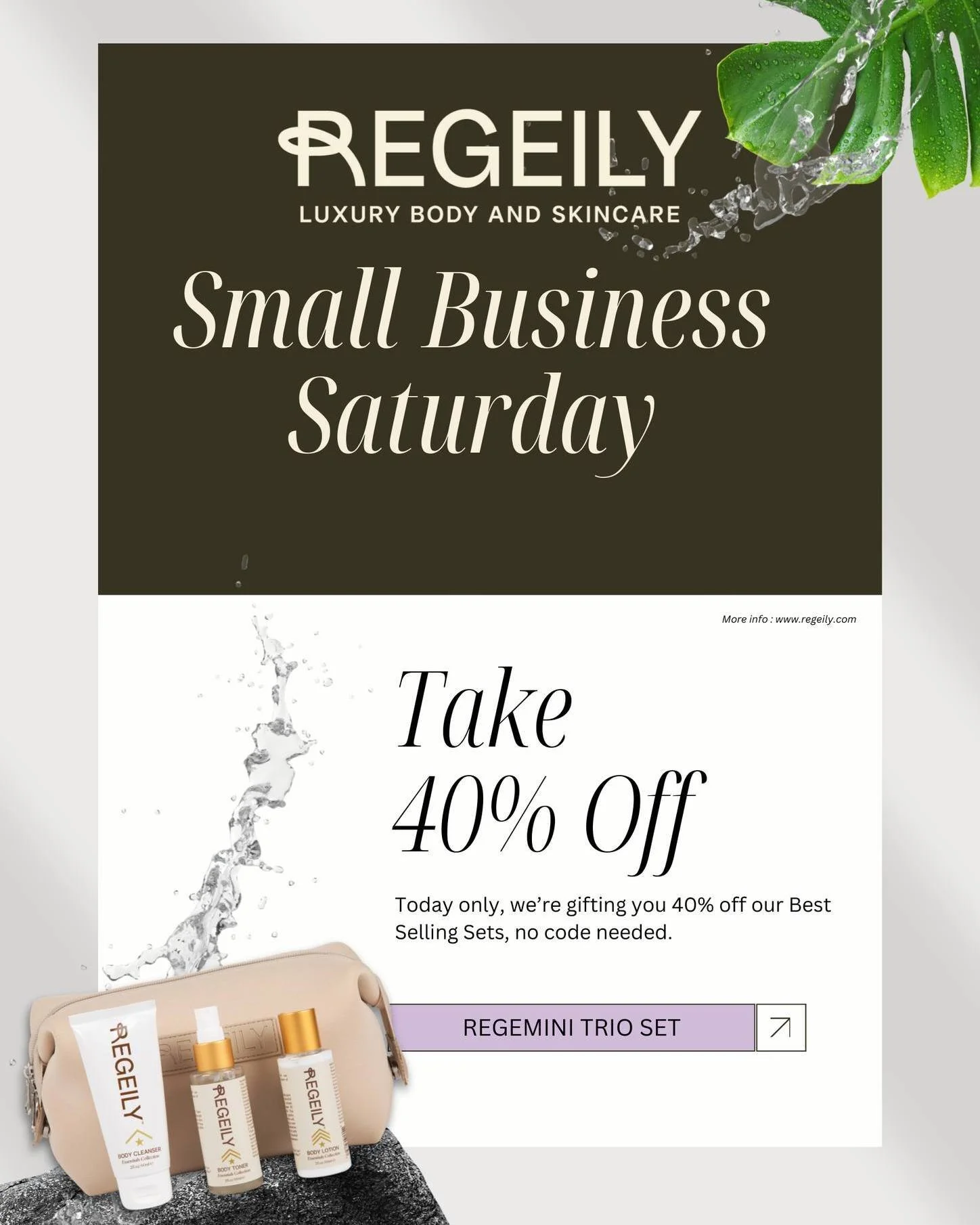 ✨ Small Business Saturday is here! ✨
Today we&rsquo;re celebrating community, self-care, and the women who choose softness on purpose.
For one day only, take 40% off every set that includes our cleanser; the foundation of every Regeily ritual. Shop s